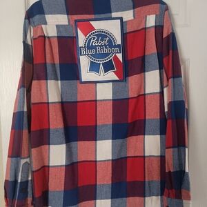 Pabst Blue Ribbon Men's Red and Blue Plaid Casual Button Down Shirt